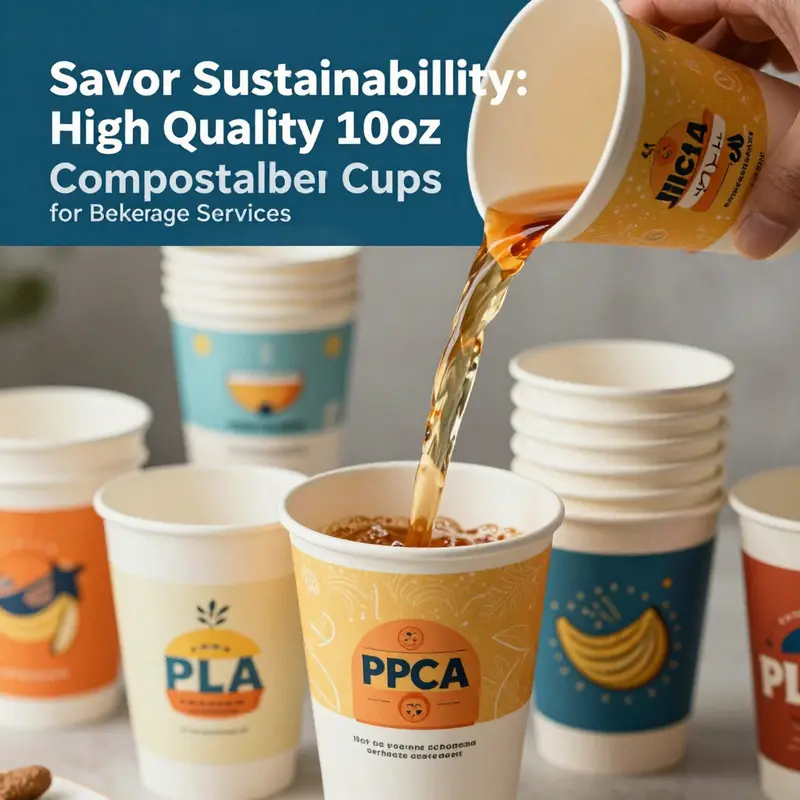 Highlighting the features of premium 10oz compostable paper cups.