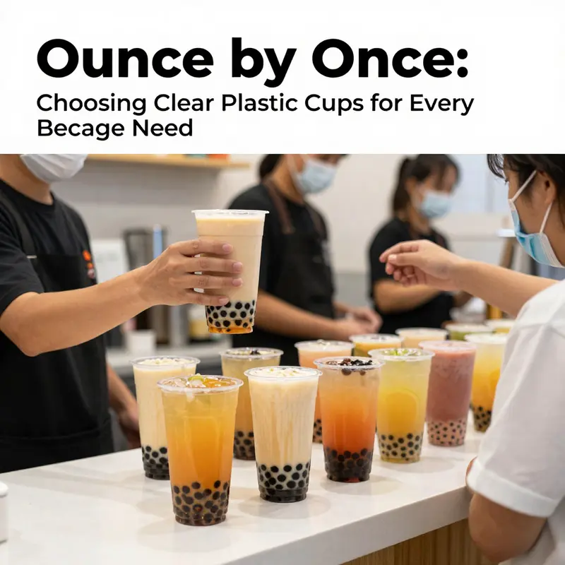 A variety of clear plastic cups displaying different ounce measurements suitable for various beverages.