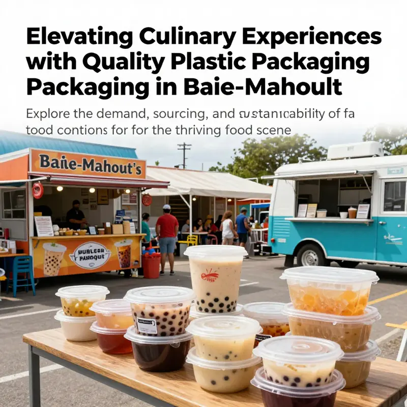 A scenic overview of Baie-Mahault showcasing its diverse food scene, including plastic food containers at bubble tea shops and eateries.