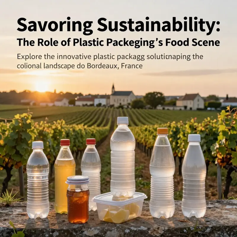 Bordeaux vineyards at sunset, with plastic beverage containers in the foreground.