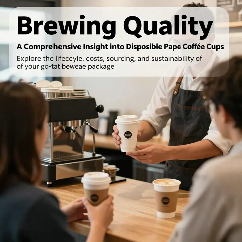 A lively cafe environment where a barista serves coffee in disposable paper cups with lids to customers, illustrating the practical use of these products.