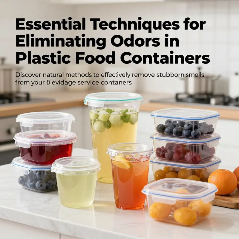 Colorful and clean plastic food containers are arranged on a countertop, symbolizing readiness and freshness in food service.