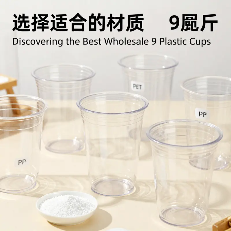 Different materials for 9-ounce clear plastic cups, highlighting options including PET, PP, and biodegradable variants.