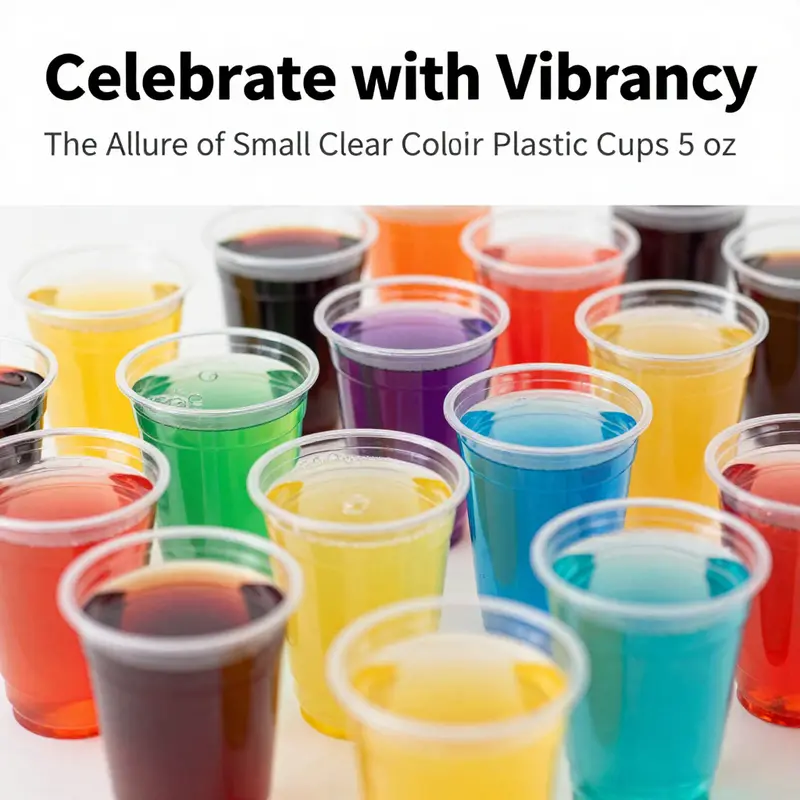 A close-up view of small clear colorful plastic cups filled with drinks, arranged in a rainbow display, highlighting their vibrant appeal.