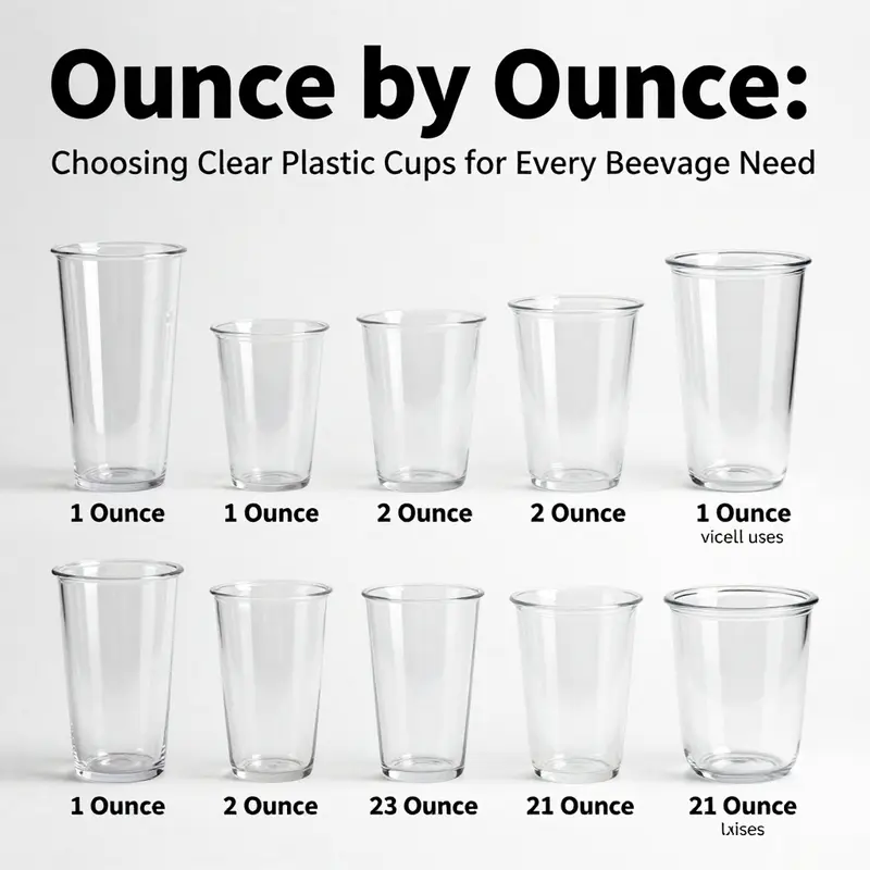 A variety of clear plastic cups displaying different ounce measurements suitable for various beverages.