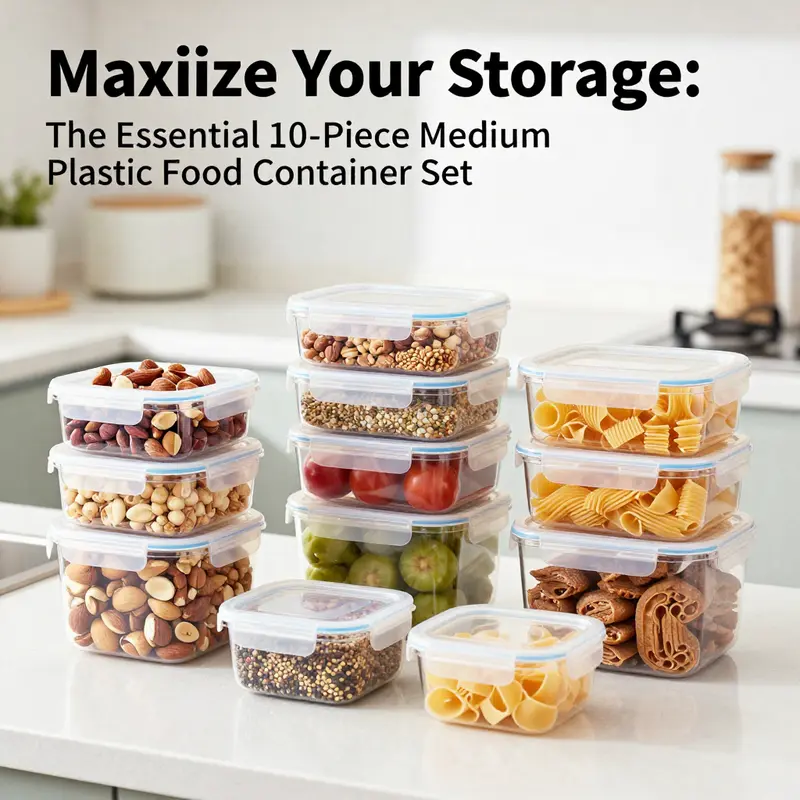 The vibrant display of the 10-piece plastic food container set, highlighting its versatility and aesthetic appeal.