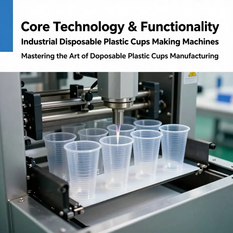 A high-tech plastic cup making machine demonstrating the thermoforming process.