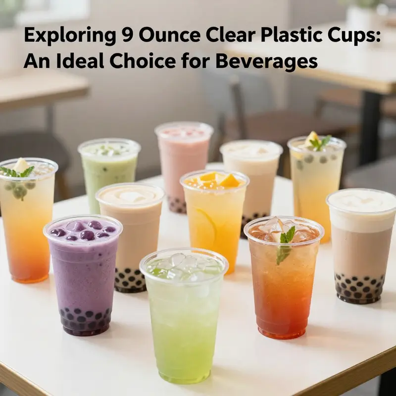 A colorful display of 9-ounce clear plastic cups filled with beverages, representing the article's focus on drink service options.