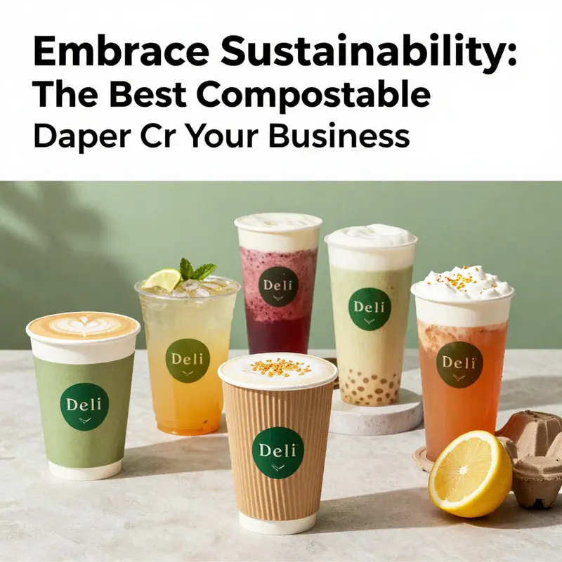 An array of Deli bamboo fiber disposable cups with colorful beverages, promoting sustainability.