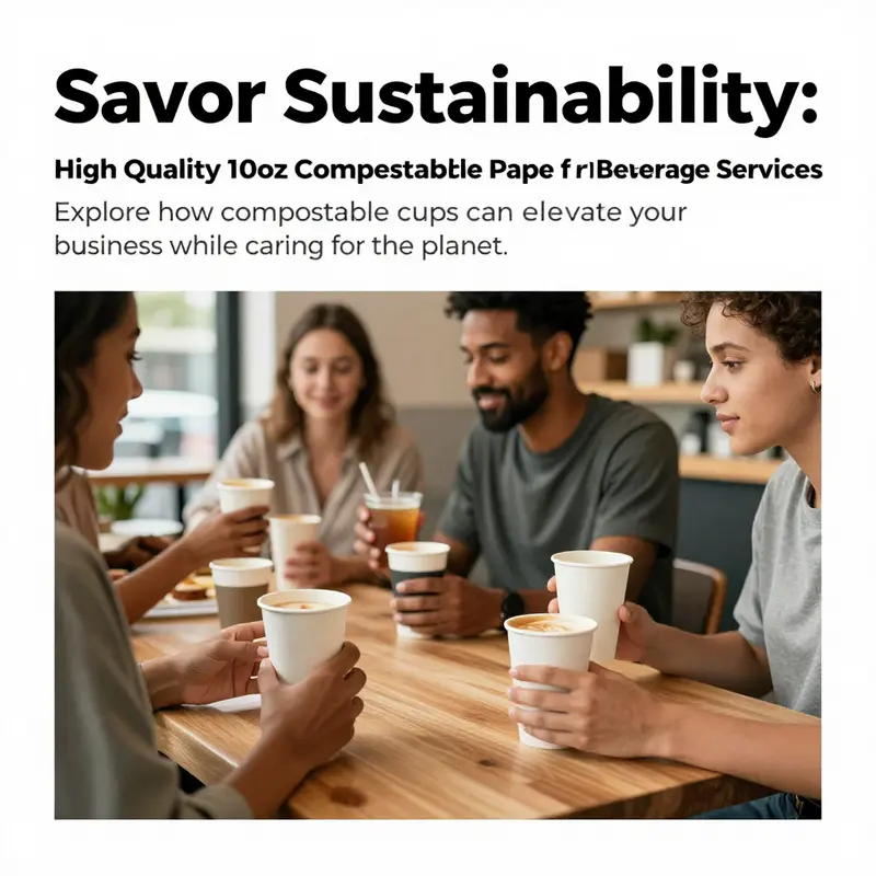 A diverse group of customers enjoying drinks from 10oz compostable paper cups in a lively café atmosphere.