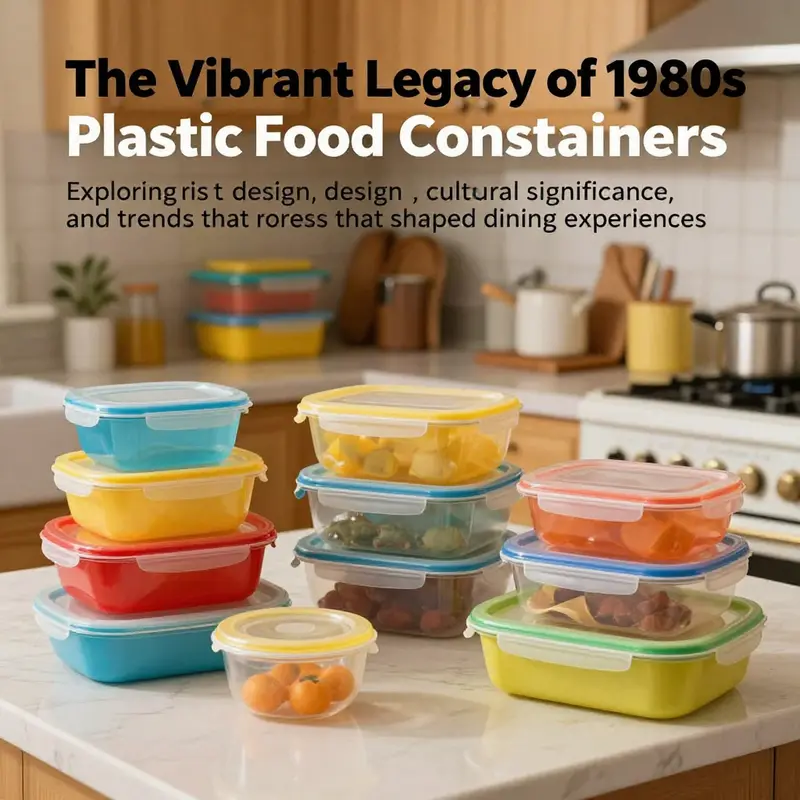 A vibrant 1980s kitchen featuring an array of plastic food containers in different shapes and colors.
