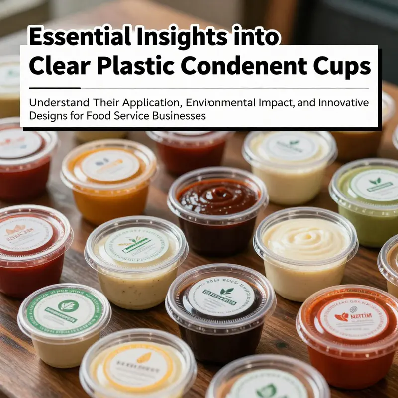 Varied clear plastic condiment cups filled with sauces and eco-friendly labels, showcasing their role in food service.