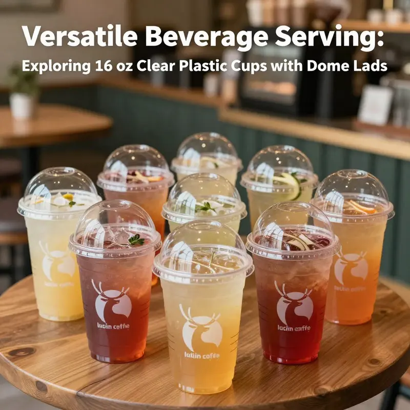 A vibrant display of 16 oz clear plastic cups filled with drinks, showcasing their usage in a café.