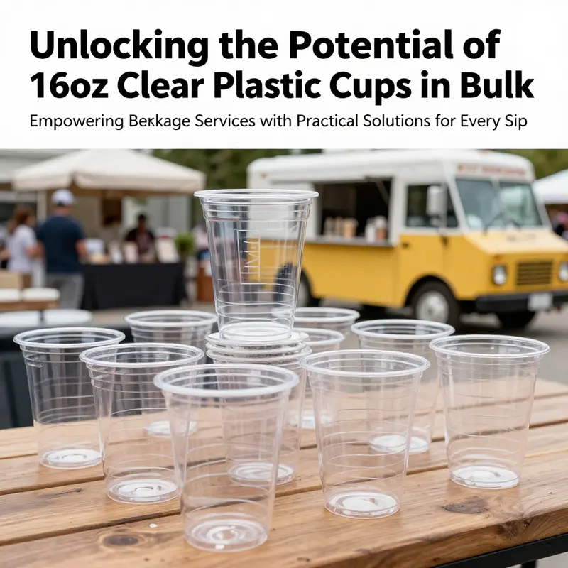 A collage of 16oz clear plastic cups used in different beverage service environments.