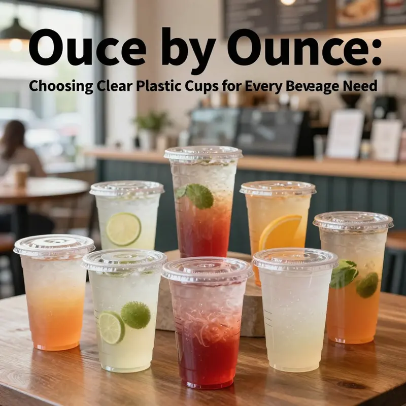 An array of clear plastic cups filled with colorful drinks displayed in a cafe, representing the topic of clear plastic cup sizes.