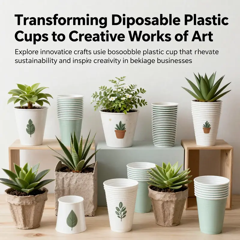 An array of innovative crafts created from disposable plastic cups representing creativity and sustainability.