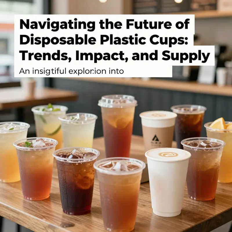 An array of colorful disposable plastic cups filled with drinks in a lively café backdrop.