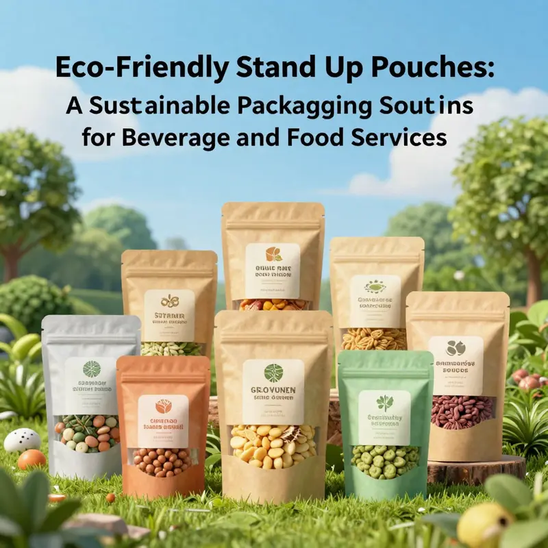 A selection of colorful, eco-friendly stand-up pouches displayed outdoors amidst greenery.