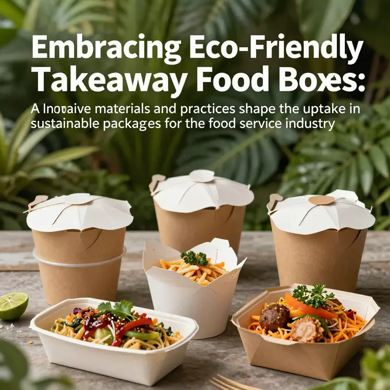 Eco-friendly takeaway food boxes filled with food, set in a natural environment, symbolizing sustainability.