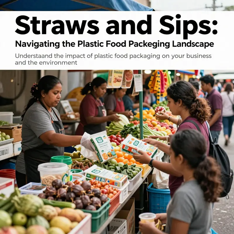 An image of a busy food market with vendors utilizing sustainable packaging to attract eco-conscious customers.