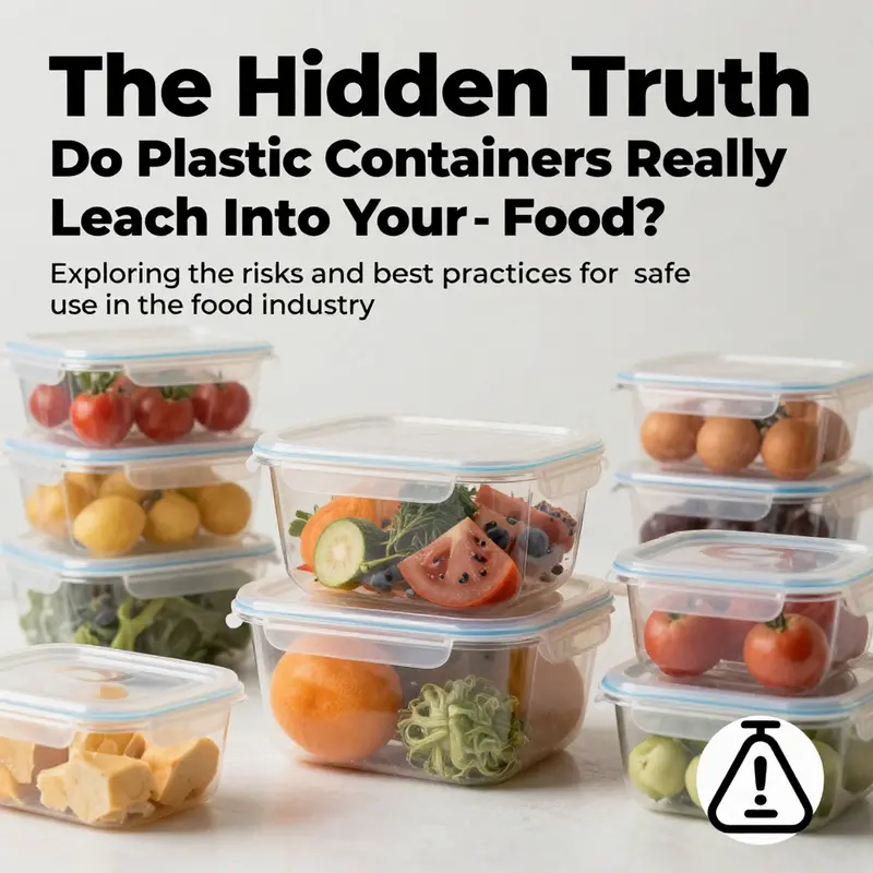 A composite image showcasing food and plastic containers, emphasizing the risks of leaching with safety icons.