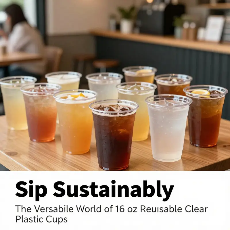 A lively café setting with various drinks served in 16 oz reusable clear plastic cups.