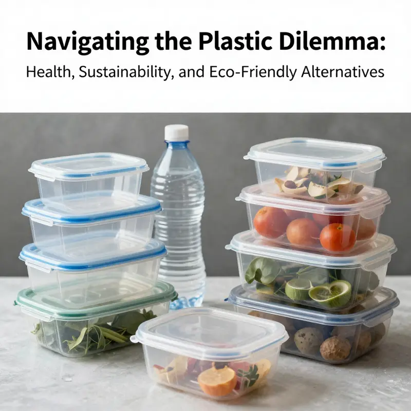 A cover image contrasting plastic food storage options and eco-friendly containers, highlighting the themes of health risks and sustainability.