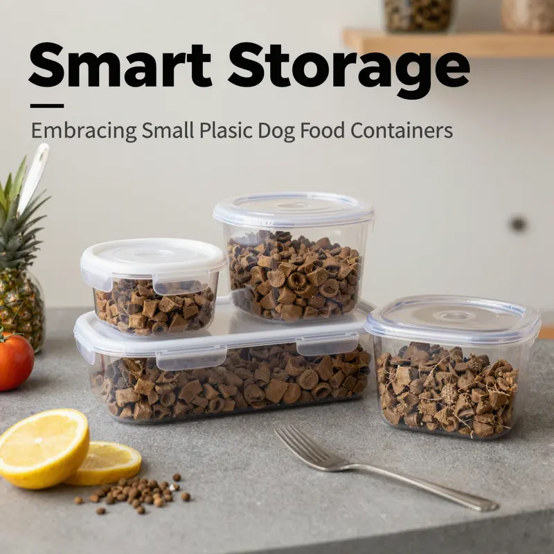 An artistic arrangement of small plastic dog food containers set in a kitchen, highlighting their role in food storage.