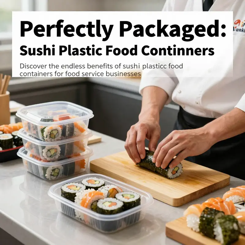 A sushi chef working with fresh ingredients and plastic containers designed for sushi packaging.