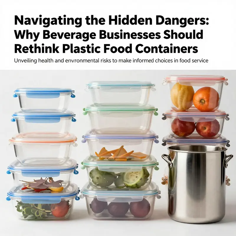 A collage of plastic food containers alongside safer packaging options like glass and stainless steel.