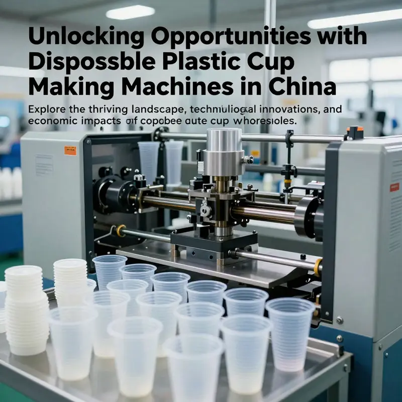 Image showcasing a modern manufacturing setup for disposable plastic cups, including machines and finished products.