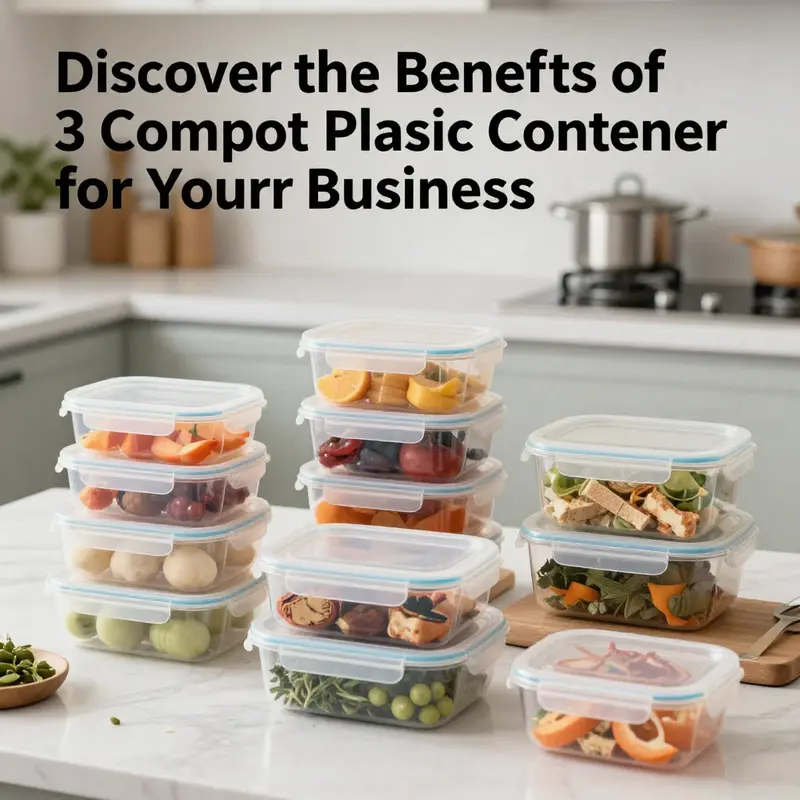 An assortment of filled 3 compartment plastic food containers strategically placed in a modern kitchen environment, illustrating their practical uses.