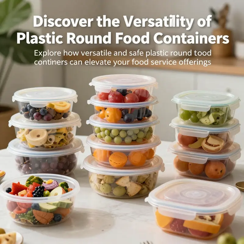 An assortment of filled plastic round food containers on a table.