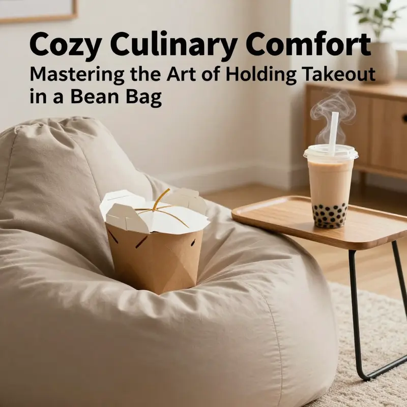 A cozy dining setup featuring a bean bag, takeout box, and bubble tea.