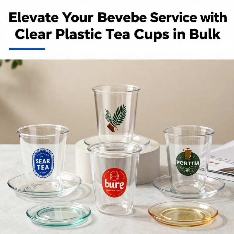 An assortment of clear plastic tea cups illustrating different types and sizes available in bulk.
