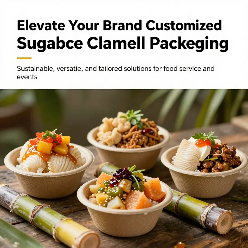 A group of colorful food items packed in customized sugarcane clamshells arranged in a natural setting.