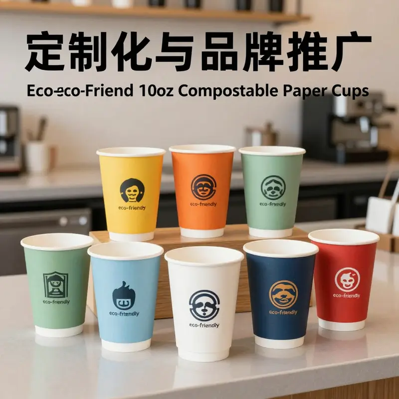 Highlighting the eco-friendly materials and features of 10oz compostable paper cups.