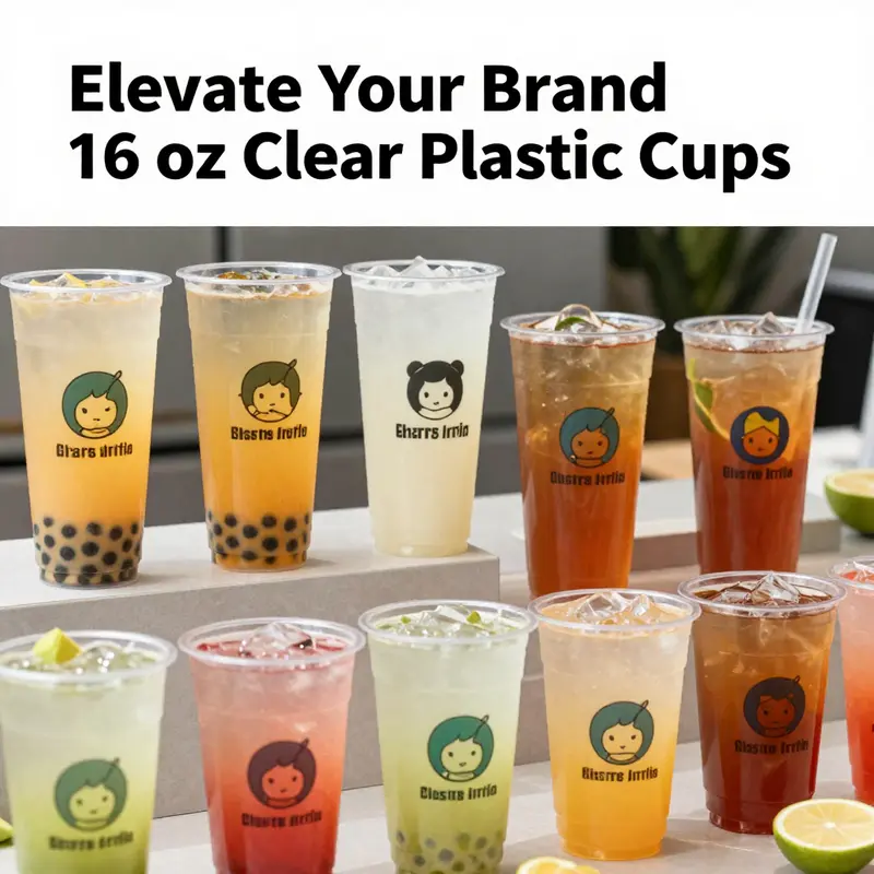 A showcase of custom 16 oz clear plastic cups displaying vibrant logos and beverage options.