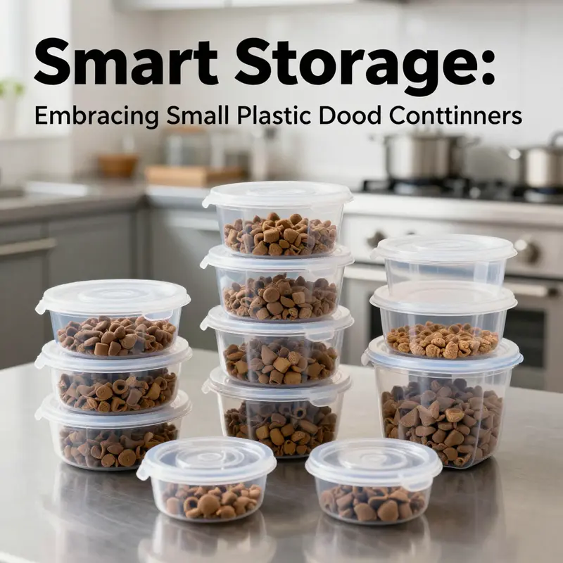 A display of small plastic dog food containers emphasizing their design features and usability.