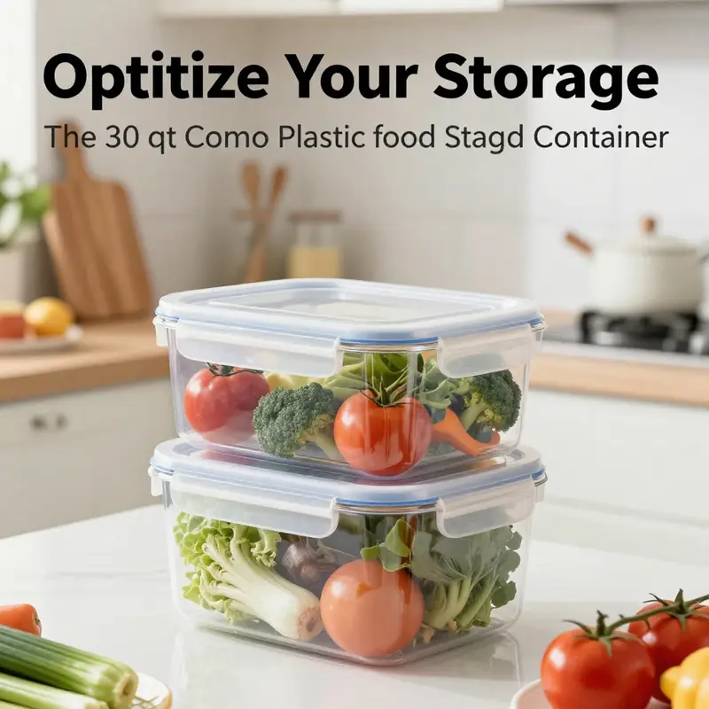 An organized kitchen featuring the 30 qt combo plastic food storage container, highlighting its dual-compartment design.