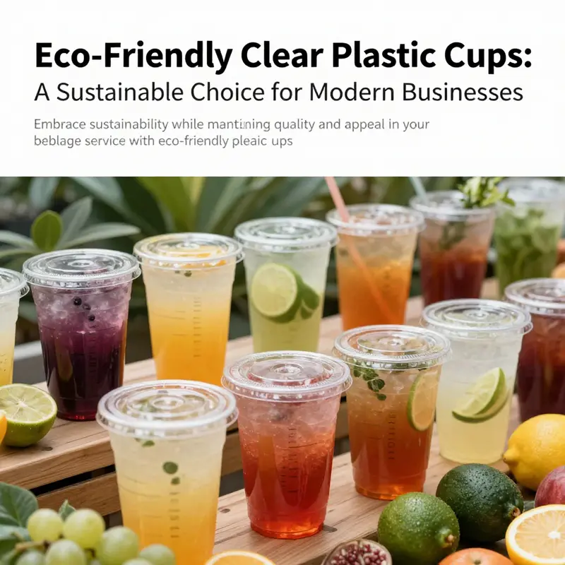 A collection of eco-friendly clear plastic cups filled with drinks, surrounded by fresh fruits and herbs.