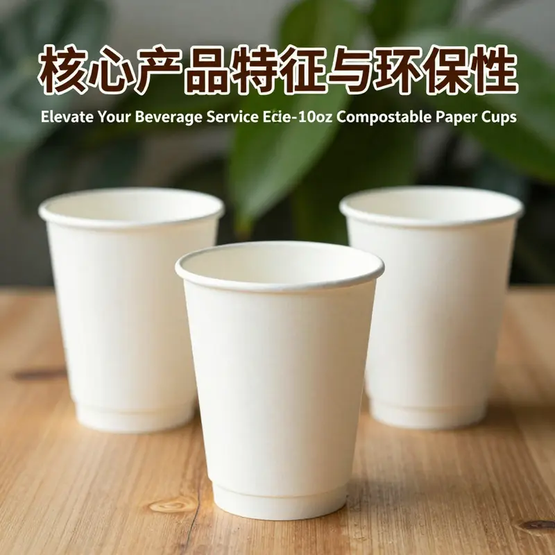 Highlighting the eco-friendly materials and features of 10oz compostable paper cups.