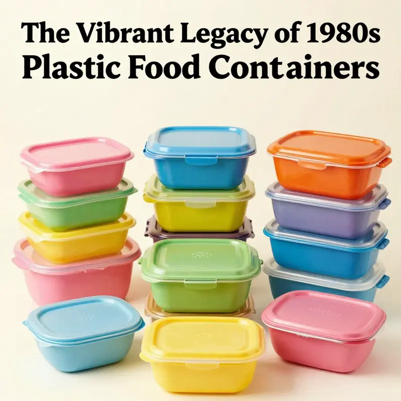 A range of colorful 1980s plastic food containers featuring unique designs and clever lid systems.
