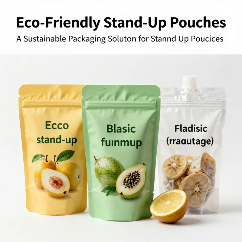 A variety of sustainable stand-up pouches showcasing eco-friendly materials.