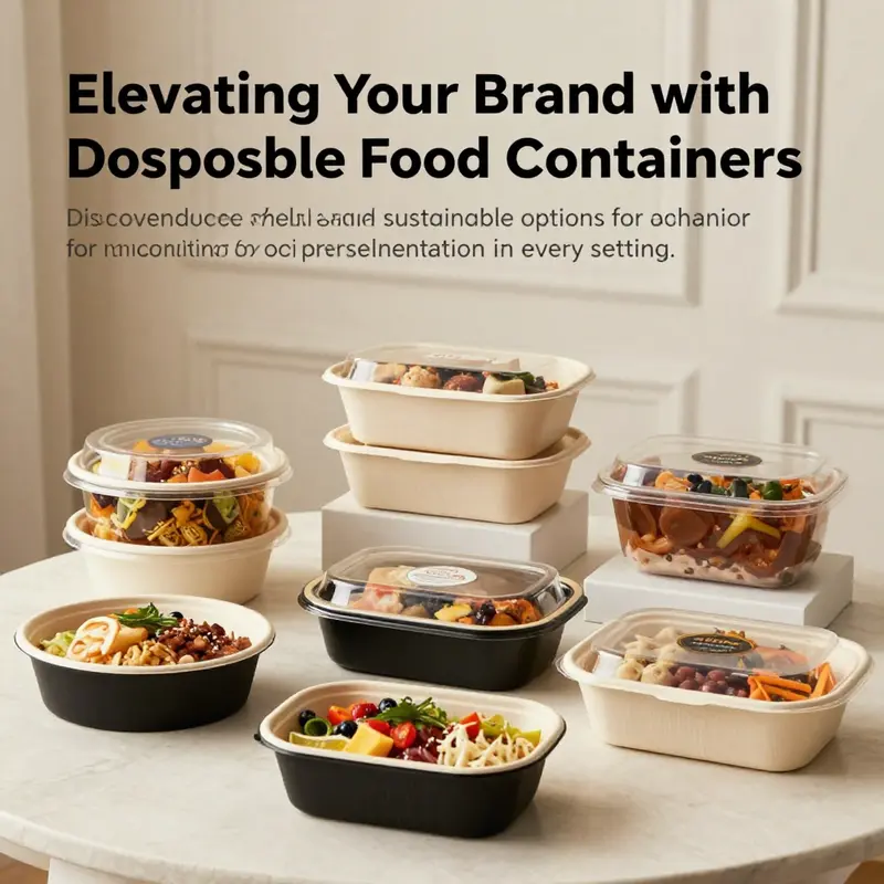 A collection of gourmet foods beautifully presented in fancy disposable food containers, illustrating elegance and sustainability.