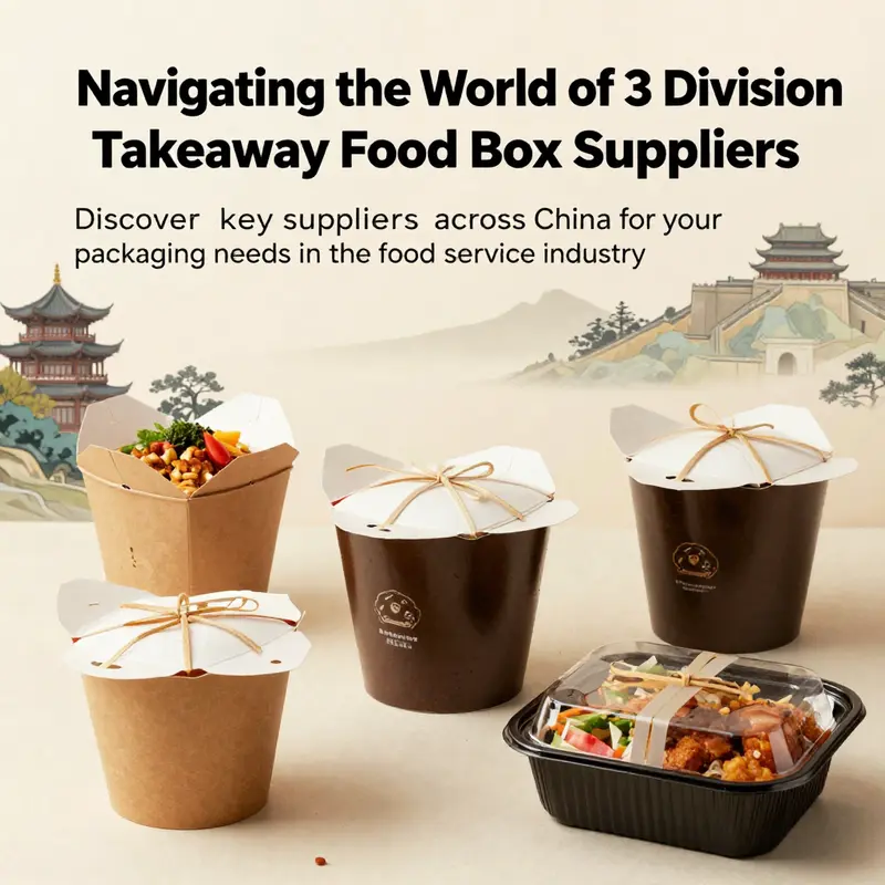 A collection of 3 division takeaway food boxes set against traditional Chinese backdrops.