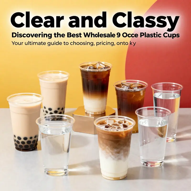 Assortment of 9-ounce clear plastic cups filled with beverages placed elegantly on a table.