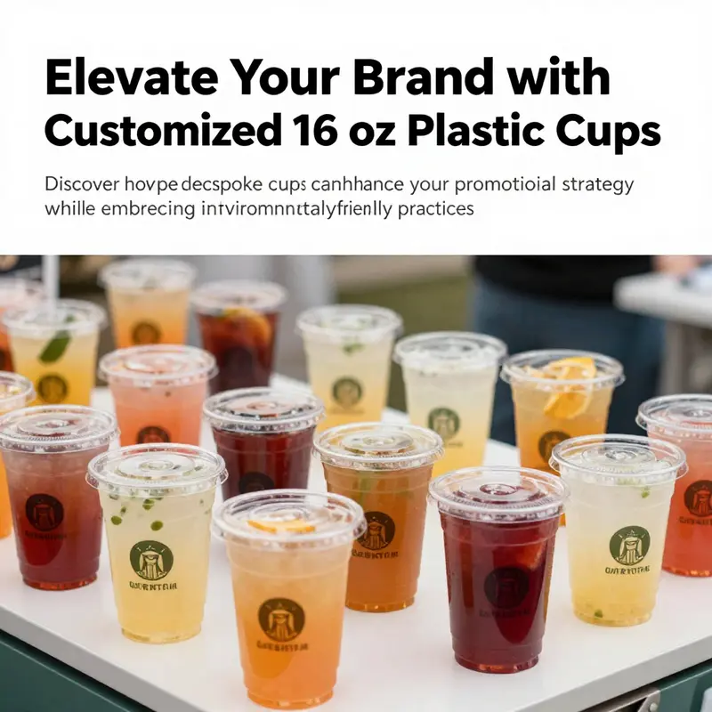 A collection of 16 oz clear plastic cups with varying logos placed around colorful beverages in a festive outdoor environment.