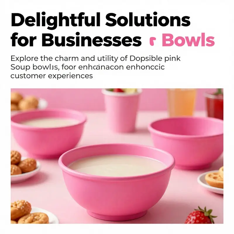 Bright disposable pink soup bowls set on a table with food, enhancing the vibrant, festive ambiance.