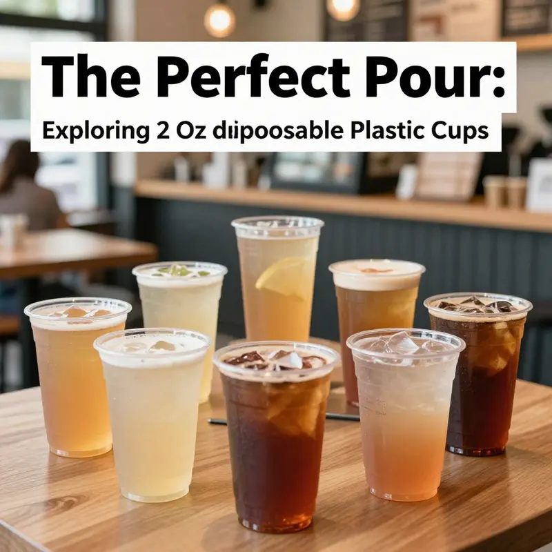 A vibrant café with various beverages served in 2 oz disposable plastic cups, emphasizing their suitability for diverse settings.